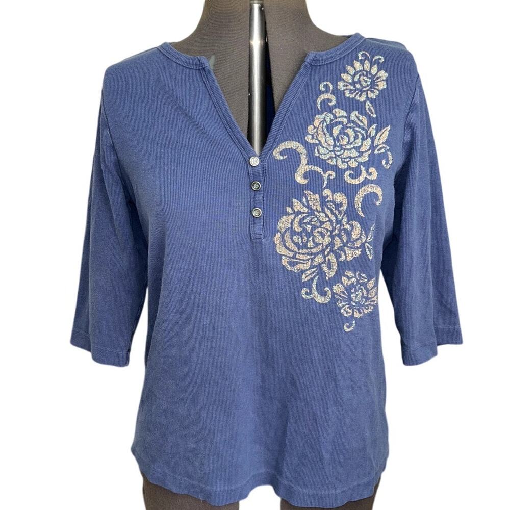 Gitano Floral Rhinestone Henley Shirt Blue Plus Size 18 / 20 W Trashy Cyber Y2k